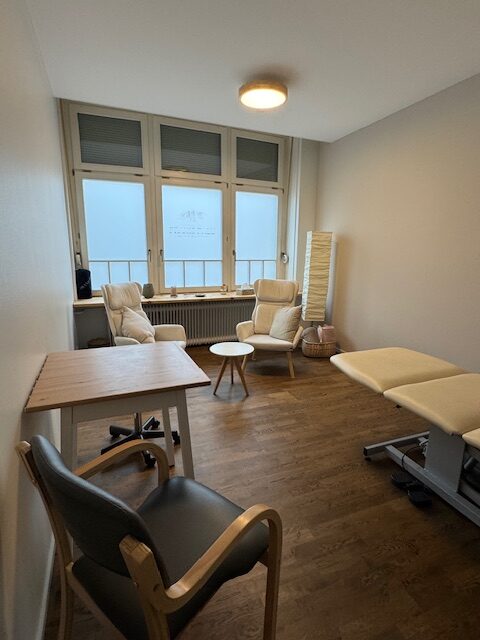 Behandlungsraum der Praxis Pinus mit Schreibtisch, Sesseln und Therapieliege